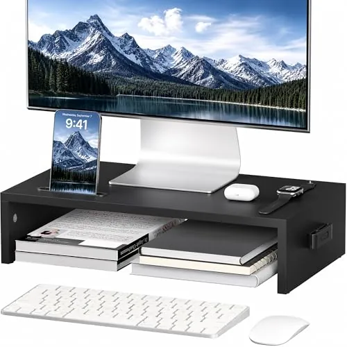 BONTEC Elevador Monitor de Madera para Monitor, Soporte Monitor de Escritorio de 1 Nivel con Gestion de Cables y Ranura para Movil (Negro)