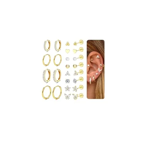 CASSIECA Pendientes y Piercing de Acero Quirurgico - Aros Dorados y Plata para Helix Tragus Cartílago - Múltiples Hipoalergenicos para Mujer Hombre