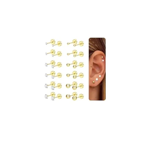 CASSIECA 12 Pares de Pendientes para Mujeres Hombres Acero Inoxidable Barra Pequeña Oreja Piercing Pequeño CZ Redondo Bola Tornillo Plano Cartílago Pendientes Conjunto 2-4 mm