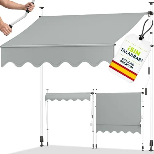 Toldo de gancho Tillvex 250 cm gris claro con manivela manual para balcón | Toldo para balcón sin perforación | Toldo resistente a los rayos UV y ajustable en altura | Protección solar impermeable