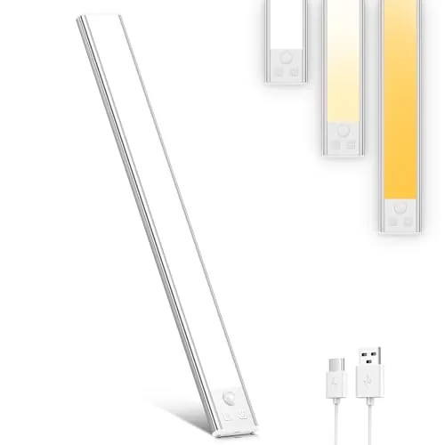 OUILA Luz de Armario con Sensor Movimiento,41CM Recargable Luz Nocturna con temperatura de 3 colores,Regulable Lampara LED Adhesiva para Gabinete, Pasillo, Escalera, Sótano, Cocina, Garaje-1PCS