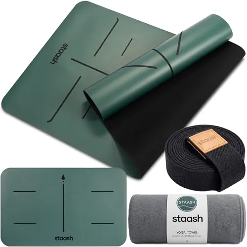 STAASH Juego de esterilla de yoga premium de alta calidad, antideslizante, de poliuretano y caucho natural (4,5 mm), incluye toalla de yoga, correa y almohadilla para las rodillas, extra ancha y larga