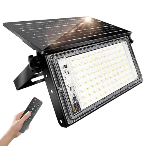 CREATESTAR Foco Solar Exterior 100W, Súper Brillante Luz Solar Exterior con Mando a Distancia, IP65 Impermeables Lamparas Solares para Jardín Patio Garaje