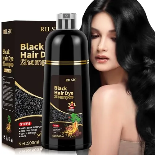 500ML Hair Dye Shampoo 3 en 1, Champu Tinte Cubre Canas, Champu para Canas, Champú Tinte Pelo Instantáneo, Shampoo Color Tinte de Pelo en Minutos Champú Tinte Mujer y Hombre (Negro)