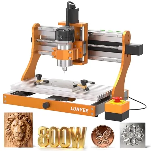LUNYEE 3020 Nova CNC - Máquina de enrutador con guías lineales de eje XYZ totalmente metálicas y husillo de bolas con router de 800W, adecuada para cortar aluminio, latón, acero inoxidable, madera