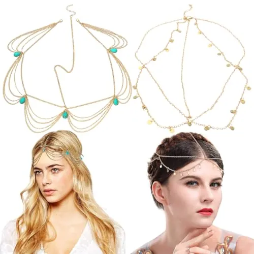 MKVZIYE 2 pzs Cadena para el pelo estilo bohemio, con strass, accesorio de novia para el pelo, para mujeres y niñas (dorado)