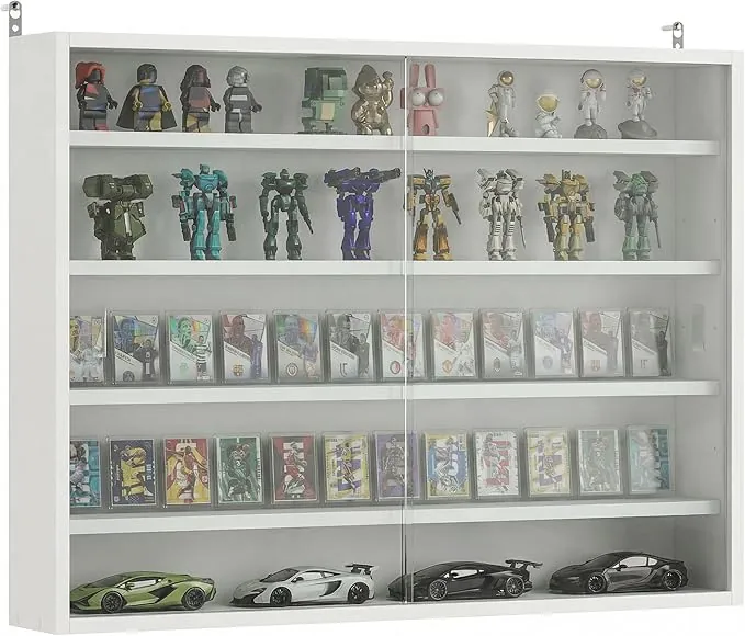 HOMCOM Vitrina Expositora para Colecciones de 5 Niveles, Vitrina de Pared, con Estantes Ajustables y 2 Puertas Correderas de Vidrio, para Perfumes, Figuras de Decoración, 80x9,5x60 cm, Blanco