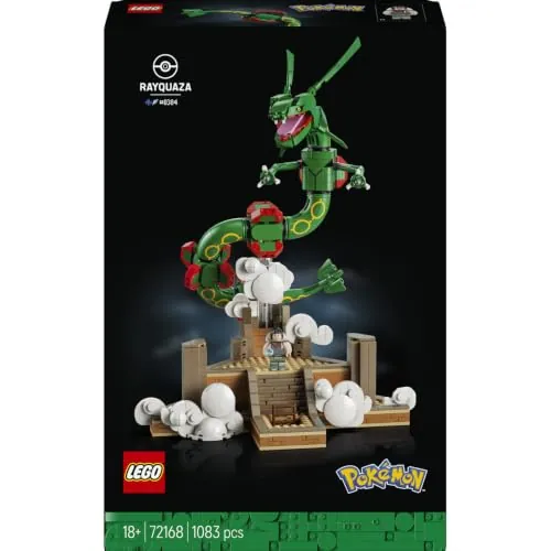 LEGO Pokémon Rayquaza 72168 | Set para adultos, maqueta anime, minifigura de Tristana y Ultra Ball, decoración del cuarto gaming, regalo gamer, 1083 piezas