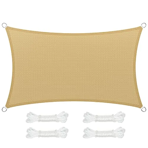 SONGMICS Vela de Sombra de 3 x 5 m, Tejido HDPE de Protección Solar, Transpirable, Permeable al Agua, Rectangular, Cóncava, Cuerdas de 2 m, Amarillo Arena GSS35EYV1
