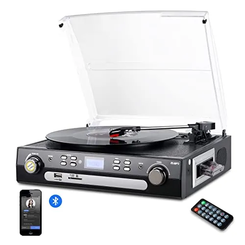 DIGITNOW! Tocadiscos Bluetooth con Estéreo Altavoces,33/45/78 RPM Apoyos Cassette/Radio/Vinilo a MP3 USB Codificación/Aux in