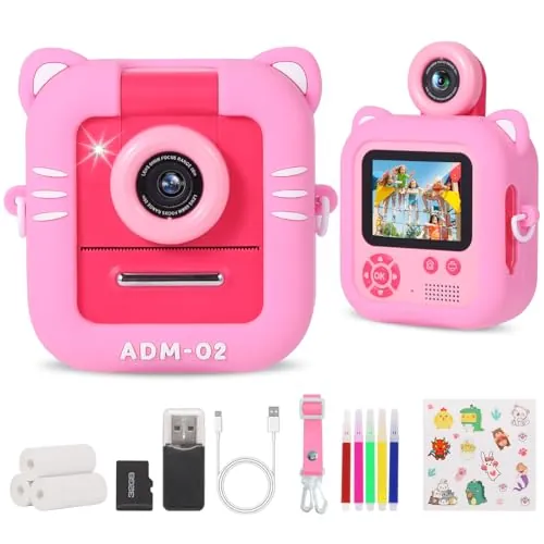 Camara Fotos Infantil Instantanea, ZUEOKAI 2.4" con Lente Giratoria 180° y 3 Papeles de Impresión, Tarjeta de 32GB y Funda de Silicona, Cumpleaños para Niño Niña de 3 a 10 Años