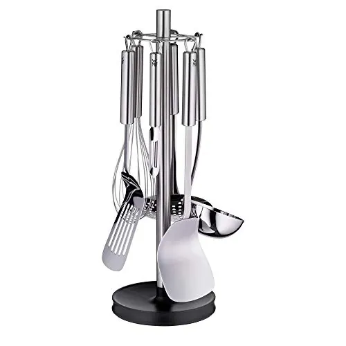 WMF Profi Plus - Juego de 7 Utensilios de Cocina con Soporte, Cucharón, Espumadera, Espátula para Wok, Espátula, Batidor, Pelador de Verduras Acero Inoxidable Cromargan Pulido, 42,5 cm