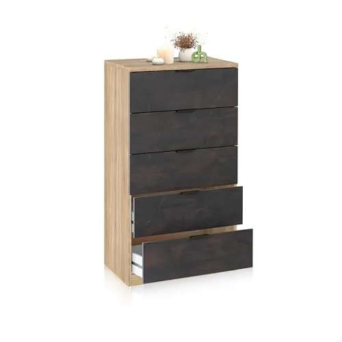 duehome | Comoda de 5 Cajones para Dormitorio, Modelo Akari, Acabado en Roble Canadian y Oxido, Medidas: 60 cm (Largo) x 110 cm (Alto) x 40 cm (Fondo)