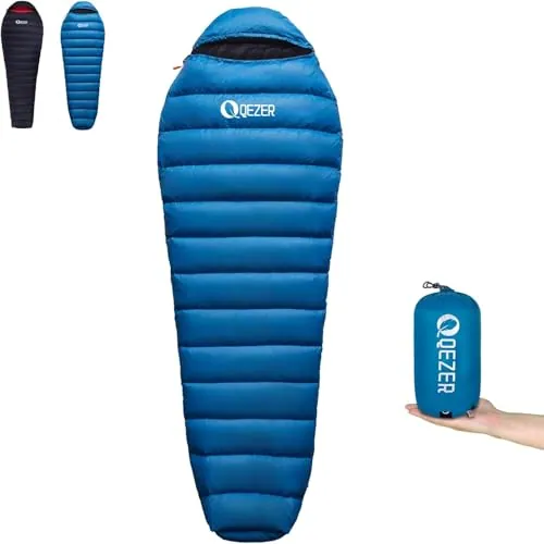 QEZER Saco de Dormir de plumón - 5 ℃, 3~4 Estaciones Ultraligero 660 FP [ 205 cm × 80 cm ] Solo 820 g,Saco Dormir Trekking para Camping y Senderismo para [ Adulto Medida Chica Azul ]