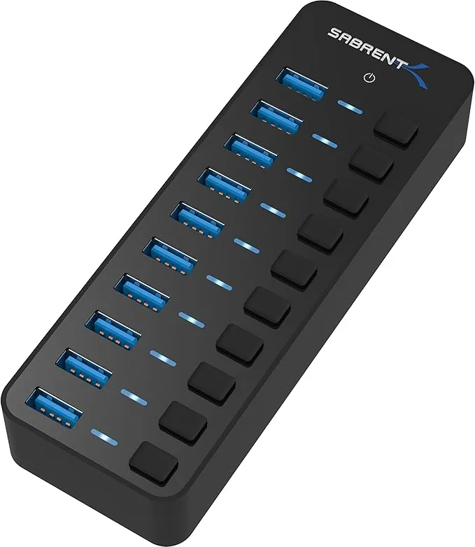 SABRENT Hub de 10 Puertos USB con interruptores de alimentación Individuales y LED Incluye Adaptador de Corriente de 60W 12V/5A | USB 3.0 | para PS5, Xbox, PC, Ordenador portátil, Gaming [HB-BU10]