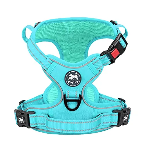 PoyPet Arnés para Perros Anti-Tirones, Arnés Reflectante Antiasfixia para Perros, Chaleco Ajustable Acolchado Suave para Mascotas con Mango de Control Fácil para Perros Medianos (Borde Azul Menta, M)
