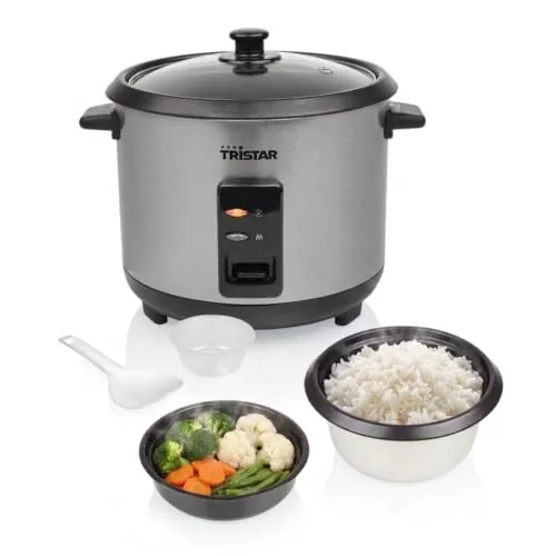 Tristar Olla Arrocera, 1,5 L de Capacidad, Carcasa de Acero Inoxidable, Bandeja de Vapor, Apagado Automático, Función Mantener Caliente, 500 W, RK-6145