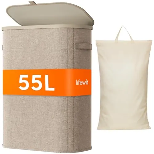 Lifewit Cesto Ropa Sucia, Cesta Ropa Plegable con Bolsa Extraíble y Asa, Cubo Ropa Sucia con Tapa, Laundry Basket para Dormitorio, Baño, Lavandería, Dormitorio, 55 L, Beige