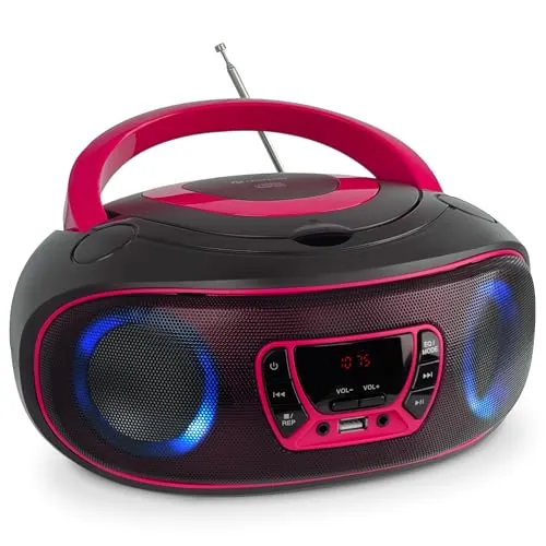 Denver TCL-212BT Radio CD Portatil con Bluetooth USB FM Reproductor de CD Boombox Radiocasete con Altavoces LED Rosa 2x2W Equipo Musica para Casa CD Player Portatil
