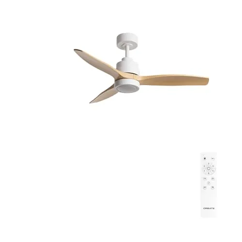 CREATE / WINDSTYLANCE S/Ventilador de techo ABS con luz blanco aspas efecto madera clara con mando/ 40W, Silencioso, Ø112 cm, 6 velocidades, temporizador, verano-invierno, doble altura, motor DC
