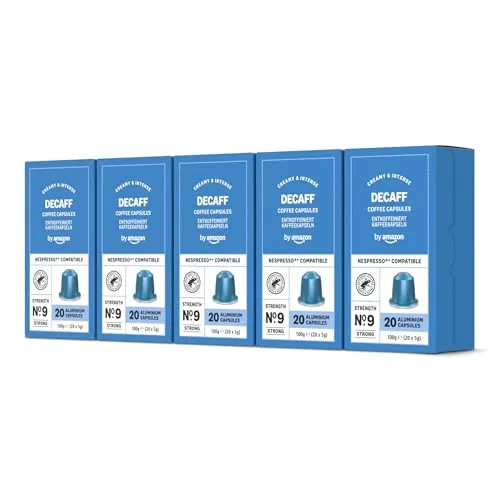 by Amazon - Cápsulas de café Espresso Descafeinado, tueste medio, compatibles con Nespresso, 100 unidades, 5 paquetes de 20, certificado Rainforest Alliance