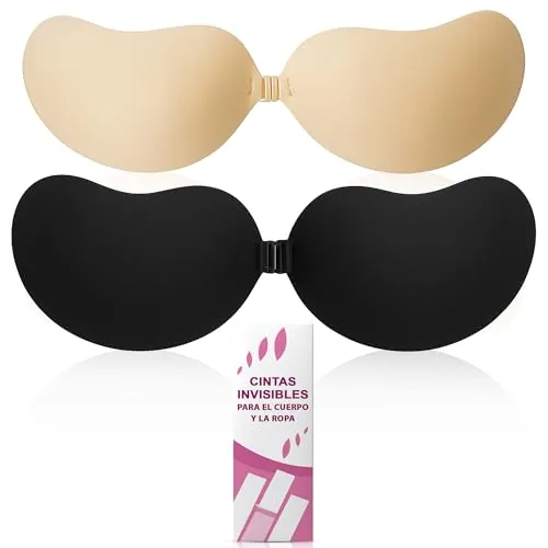 2uds Sujetador Invisible Push Up-Adhesivo Premium Hipoalergénico-Reutilizable y Cómodo-Realce Natural y Discreto-Ideal para vestidos sin tirantes, escote y espalda descubierta-Colores Beige y Negro