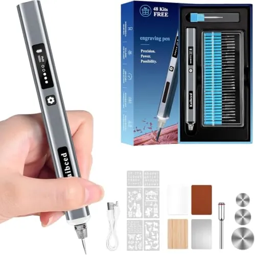 Mini bolígrafo de grabado inalámbrica con 48 kits y pantalla led, pluma inalámbrica de 5 velocidades para metal, madera, vidrio, plástico y todos los materiales, regalo de artesanía recargable USB