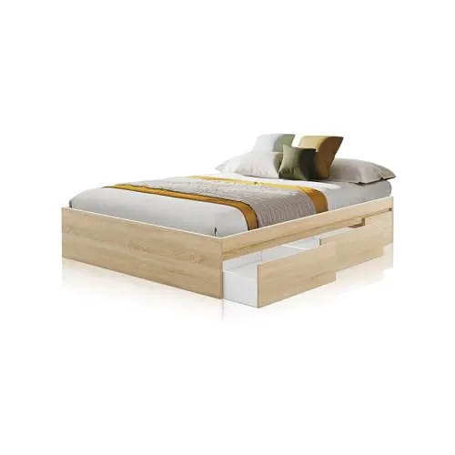 duehome | Cama Doble, Cama con Almacenaje, Modelo Four, Acabado en Roble Canadian, Medidas: 156 cm (Ancho) x 196 cm (Largo) x 37 cm (Alto)