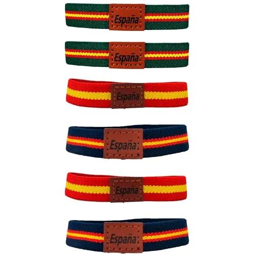 PROUTHS Pulsera España, Pulsera con la Bandera de España para hombre, PACK 6Unds, Pulsera de Tela Elástica para Hombre y Mujer, Pulsera Elástica con Trozo de Cuero (ESP2) (ESP5)