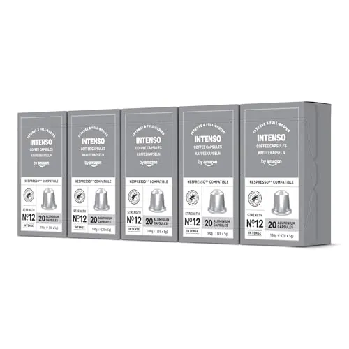 by Amazon - Cápsulas de café Intenso, tueste oscuro, compatibles con Nespresso, 100 unidades, 5 paquetes de 20, certificado Rainforest Alliance