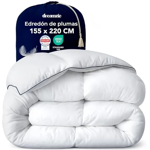 Dreamzie - Edredón de Plumas Mullido - 155x220cm - Cama 90-650gsm | Invierno - Duvet y Plumón de Pato - Certificado Oeko-Tex, Downpass y RDS para Bienestar Animal - Ultracómodo