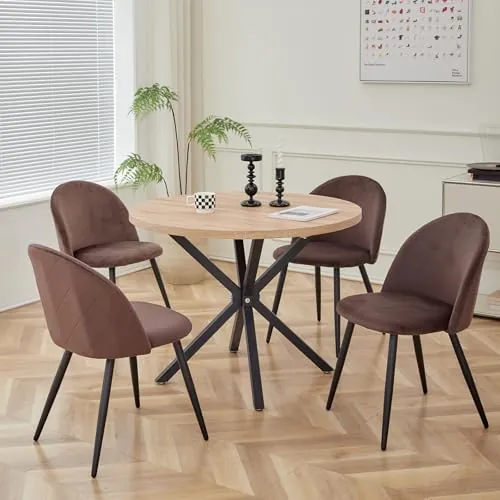 GrandCA HOME Conjunto de Mesa y Sillas de Comedor, Mesa Redonda de 100 cm y 4 Sillas de Terciopelo Nórdico, Ideal para Salón, Comedor y Cocina (Veta de Madera Clara + Marrón)