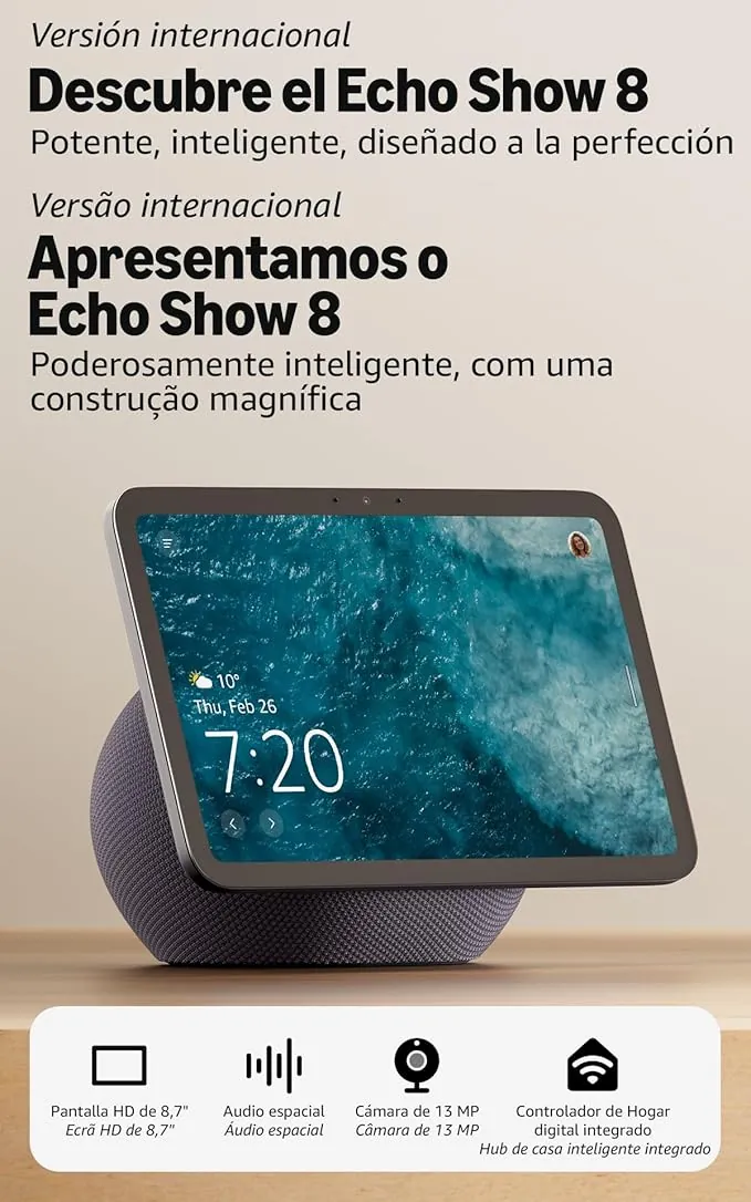 Amazon Echo Show 8 (última generación), pantalla HD con colores brillantes de 8,7" con sonido espacial y Alexa, versión internacional, grafito