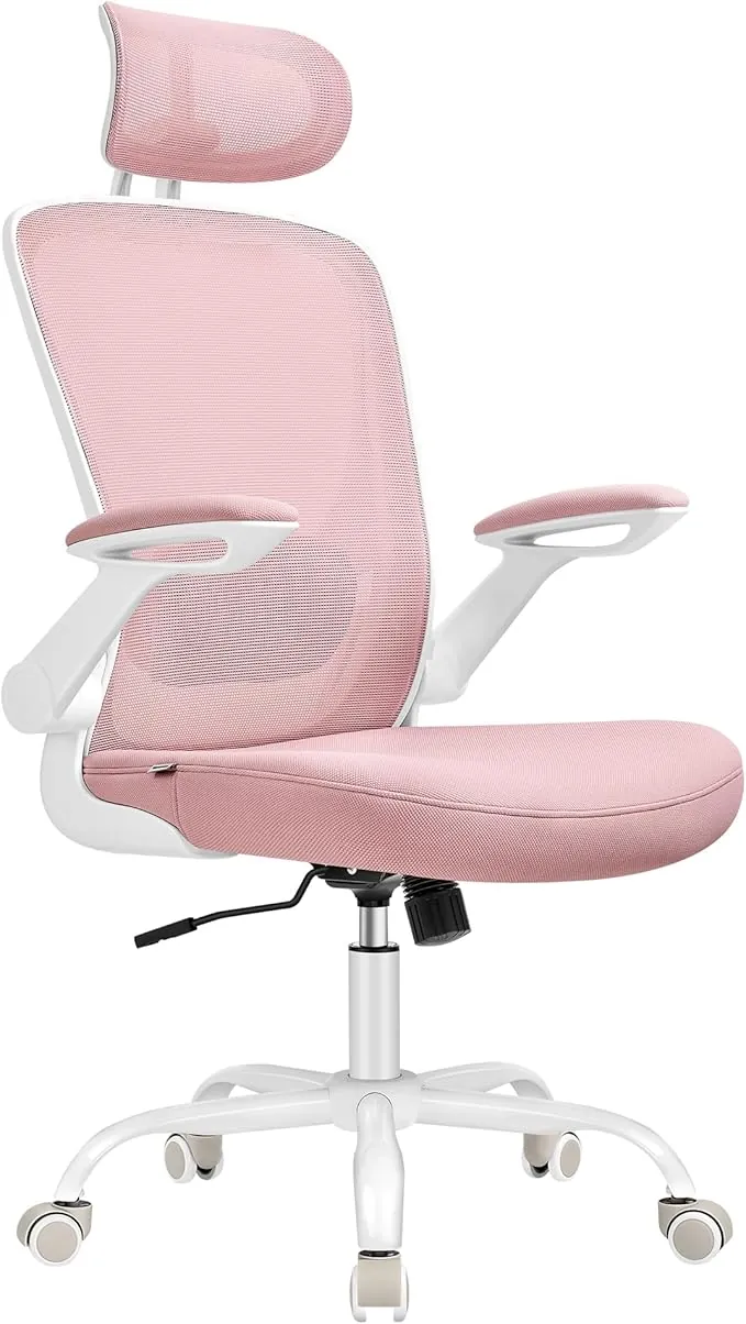 SONGMICS Silla de Oficina, Silla de Escritorio de Malla, Silla Giratoria Ergonómica, Soporte Lumbar, Oscilante, Asiento de 53 cm, Apoyabrazos Abatibles, Reposacabezas, Rosa Jalea OBN047R01