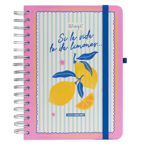Mr. Wonderful - Agenda escolar 2026-2027 Diaria con Espiral y Pegatinas – Planificador Diario Completo Septiembre 2026 a Agosto 2027 con Extras – Si la vida te da limones