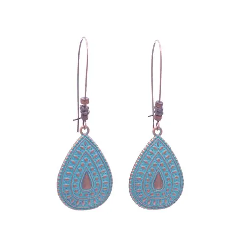 ZARZAMORA Pendientes Mujer Boho Vintage de Bronce Acabado antiguo - Pendientes Colgante Diseño Gota Grande en Relieve Gancho Estilo Francés -Regalo Original