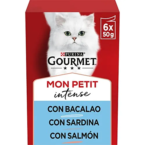 GOURMET Mon Petit, Comida Húmeda para Gato Adulto, Trocitos en Salsa, Surtido de Bacalao, Sardina, Salmón, 8 Packs de 6 Sobres de 50 g. (48 sobres)