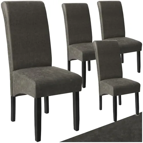 tectake® Set de Sillas de Comedor, Piel Sintética, Forma Ergonómica, Patas de Madera, Lacadas, Fácil de Limpiar, 106cm, Sillas Dormitorio, Sillas de Comedor, Sillas Salon - 4 Sillas Gris Mármol