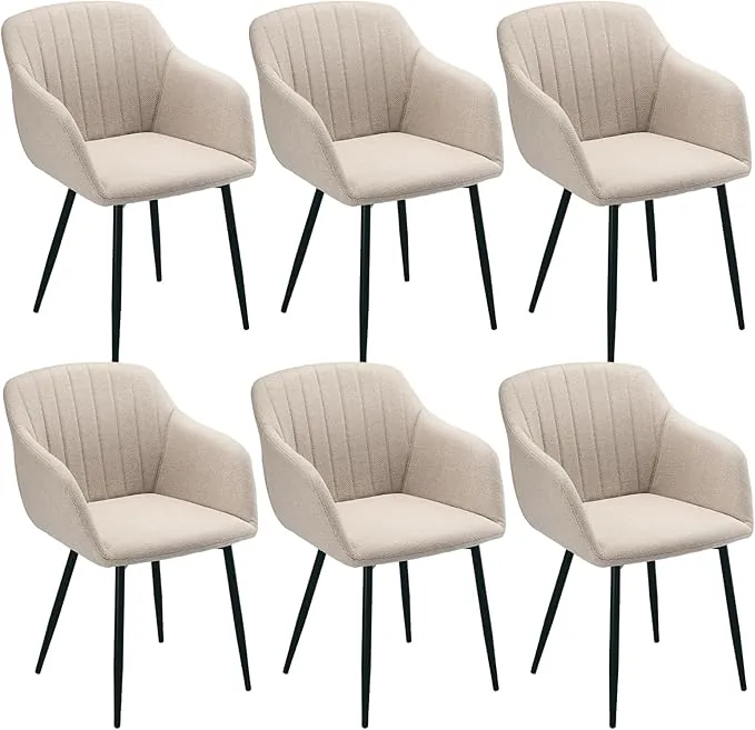 Juego de 6 Silla de Comedor Beige con Reposabrazos, Silla Tapizada en Lino con Patas Metálicas, Estilo Moderno, Unidad Individual para Comedor Salón