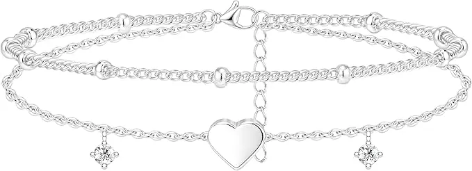 Tobillera Pulsera Mujer de Cadena Simple, Doble Anillo Pulseras Tobilleras Mujer para Verano con Dije de Corazón, Accesorios de Playa Pie Joyería Ajustable para Mujeres y Niñas