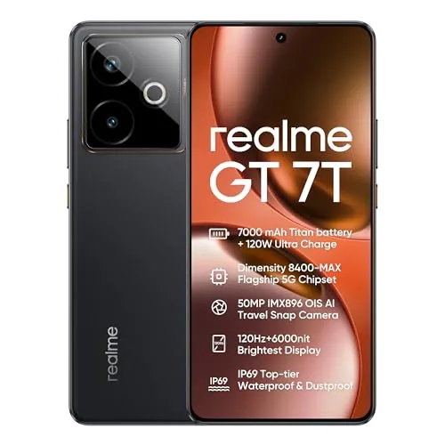 realme GT 7T 5G Smartphone 12+512GB,Cámara 50MP IMX896 OIS,Chip Dimensity 8400-MAX,Batería 7000mAh Titan,Pantalla 6.78'' 120Hz 6000nits Pro-Esports,NFC,Negro