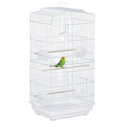 PawHut Jaula para Pájaros, Jaula de Metal para Pájaros con Puertas, 4 Comederos, 3 Perchas, Columpio, Bandeja Extraíble y Asa de Transporte, para Loro, Canario, Periquito, 46,5x35,5x92 cm, Blanco