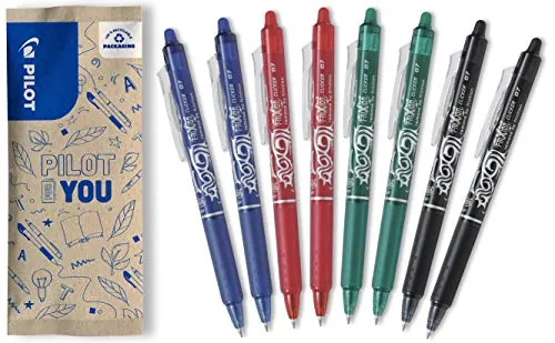 PILOT Caja de 8 Frixion Ball Clicker - Bolígrafo retráctil borrable con tinta termosensible - Rollerball recargable y ergonómico - 2 Azul, 2 Negro, 2 Rojo, 2 Verde - Punta Media
