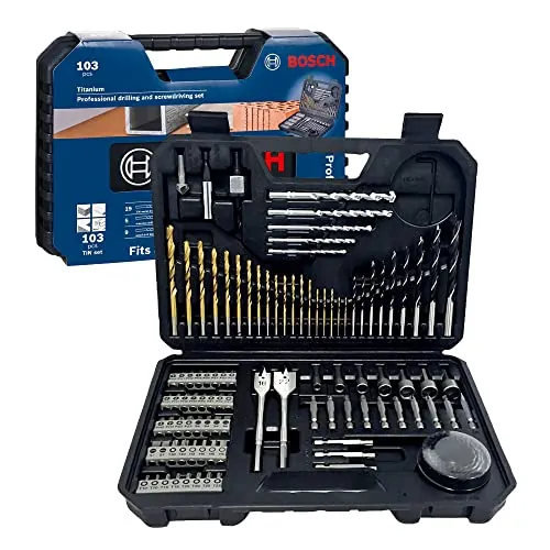 Bosch Juego de 103 piezas mixtas de brocas y puntas de atornillar de titanio (para madera, piedra, metal, para atornilladores y taladros)