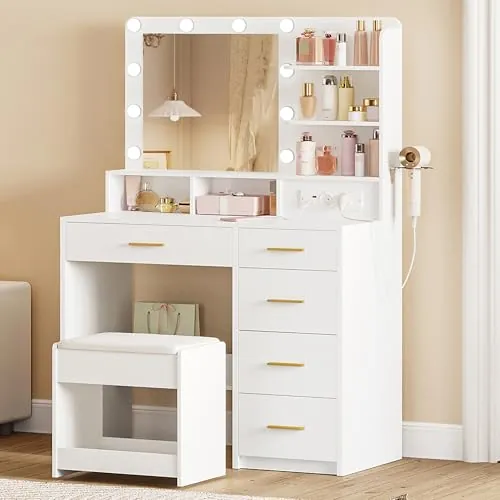 Hzuaneri Tocador de Maquillaje, Tocador con Taburete, Enchufe, Blanco