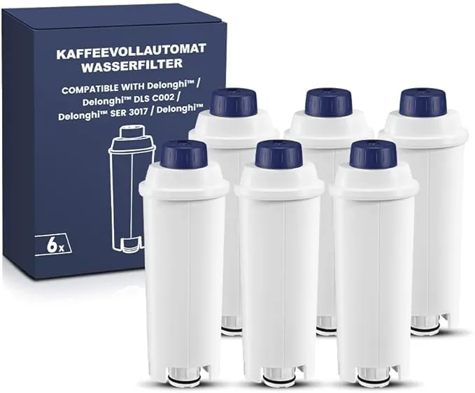 Mutital 6 filtros de agua para cafeteras automáticas DeLonghi con descalcificador de carbón activo Filtros Delonghi para series De'Longhi ECAM, ETAM, EC, BC, Repuesto DLSC002, SER3017 y 5513292811