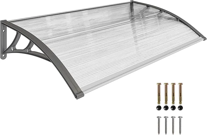 Outsunny Marquesinas Exterior para Puertas y Ventanas, 110x60 cm, Tejadillo de Protección contra Sol y Lluvia, con Cubierta de Policarbonato, Soportes de PP y Regleta de Aluminio, Gris y Transparente