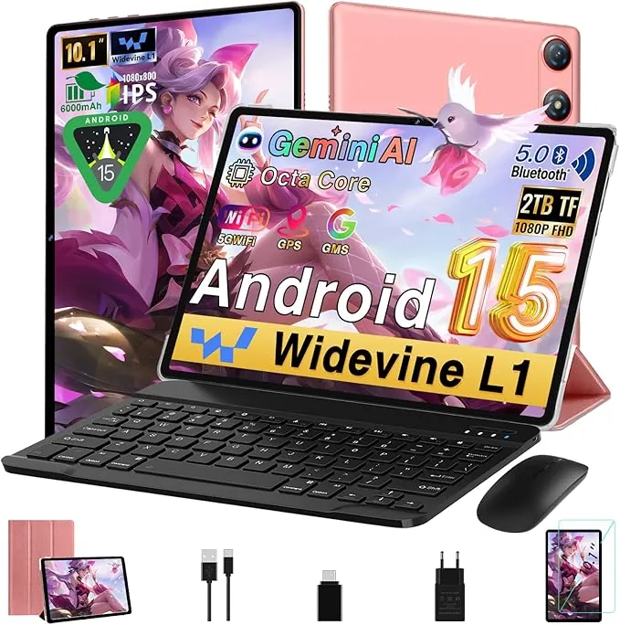 Android 15 Tablet 10 Pulgadas 30GB RAM+64GB ROM (2TB/TF), Gemini AI, Octa-Core 2.0Ghz, 1080*800 FHD IPS, Standby Extra Largo, 5G WiFi, Widevine L1, 5MP+13MP, Face ID, GMS, Tableta con teclado,Oro Rosa
