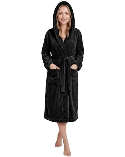 NY Threads Lujosa Albornoz Mujer Con Capucha Suave y Mullido Bata Mujer Polar (Negro, M)