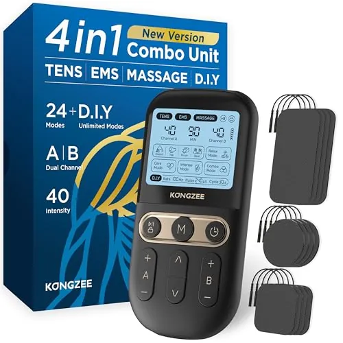 [4 en 1] D.I.Y Electroestimuladores Musculares y Nerviosos Fisioterapia, A/B Canales TENS/EMS de Masaje Terapia Maquina para Aliviar el Dolor/Cuello/Muscular, 12pcs Almohadillas de Electrodos.